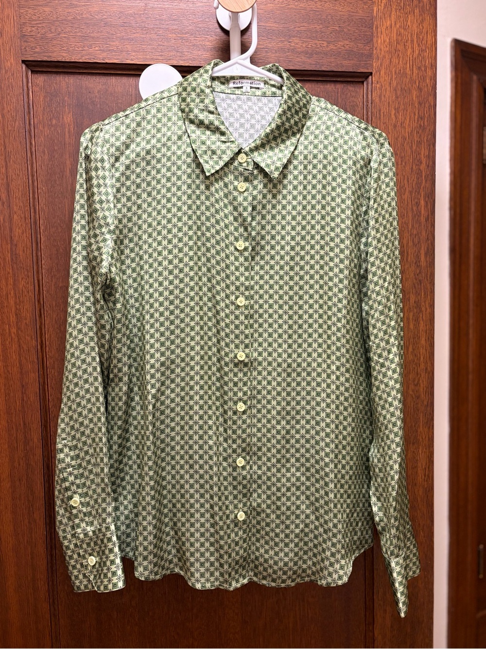 Reformation Silk Green Patterned Button-Up Shirt